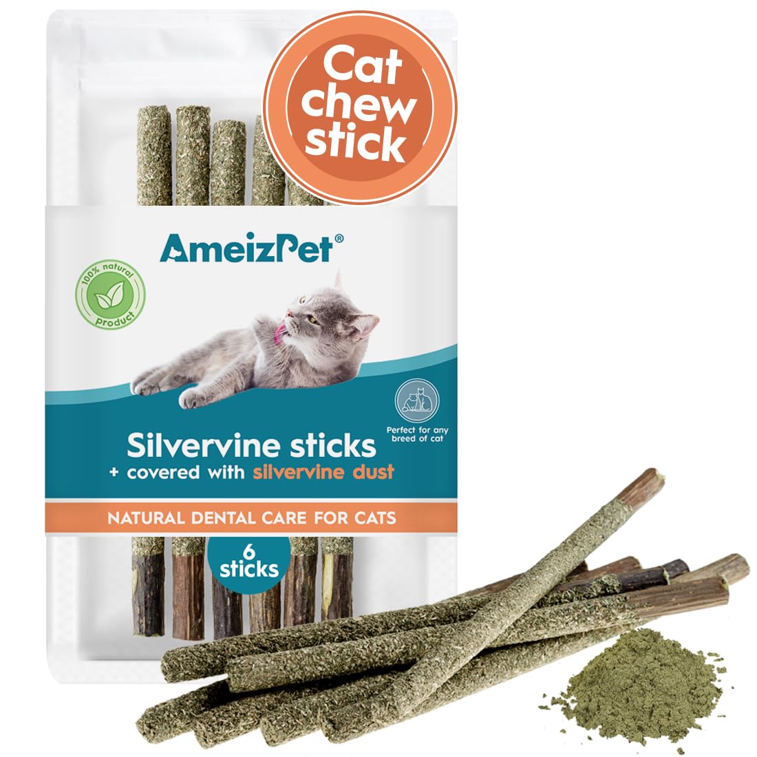 Ameizpet Silvervine Sticks For Cats, Chew Sticks Covered With Silvervine Dust - Natural Matatabi Cat Dental Care, Catnip Cat Teeth Cleaning Dental Sticks, 6 Pcs