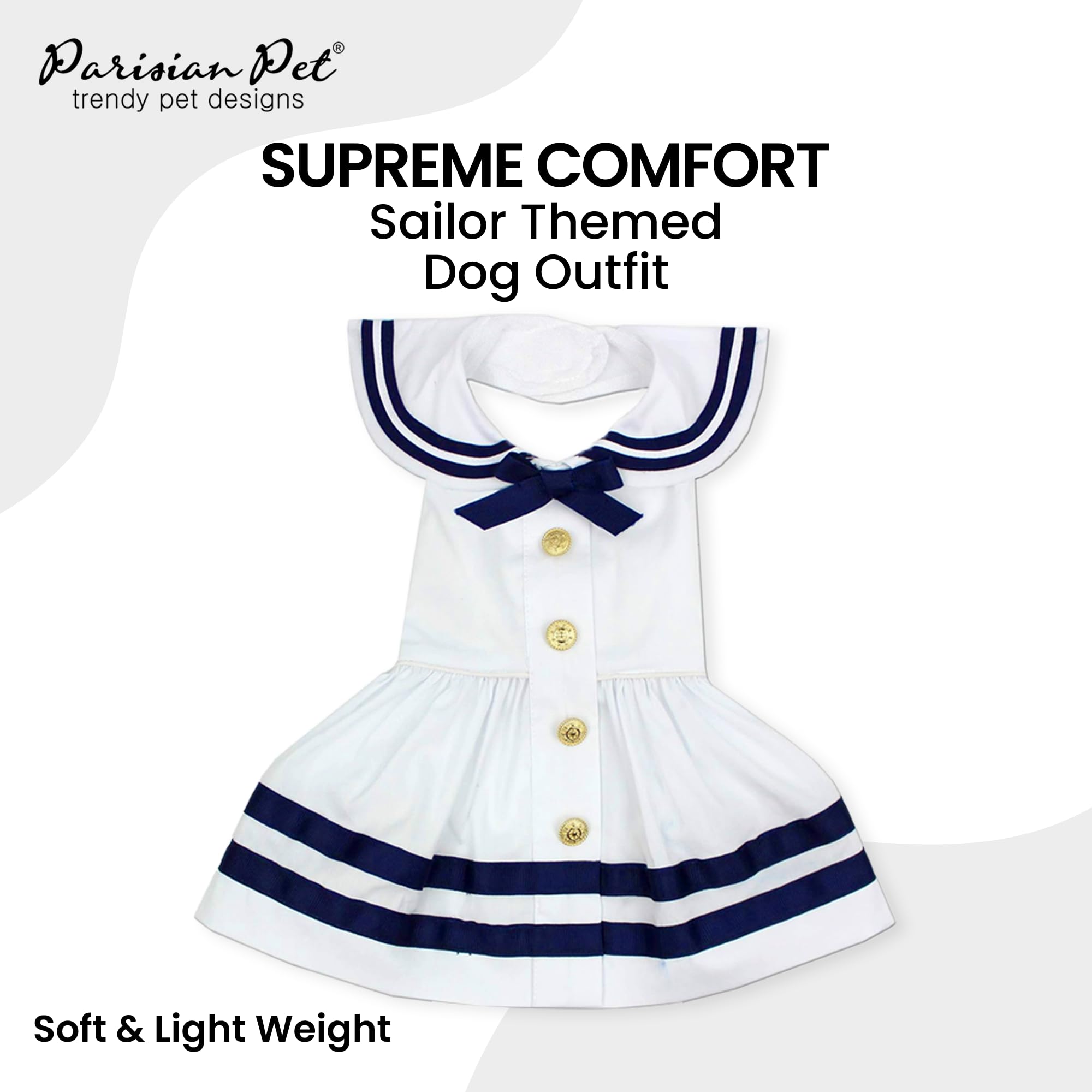 Parisian Pet Dog Dress - Lightweight Sailor Outfit - Breathable Summer Clothes - Pure Cotton White And Blue Dressy Outfit - Girl