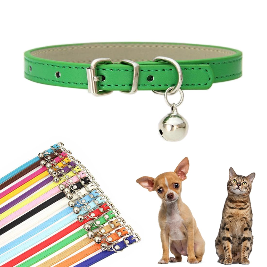 Green Small Dog Collar with Bells, Faux Leather Puppy Collar with Bells Pu Basic Boy Dog Collars for XXS XSmall Small Medium Pet