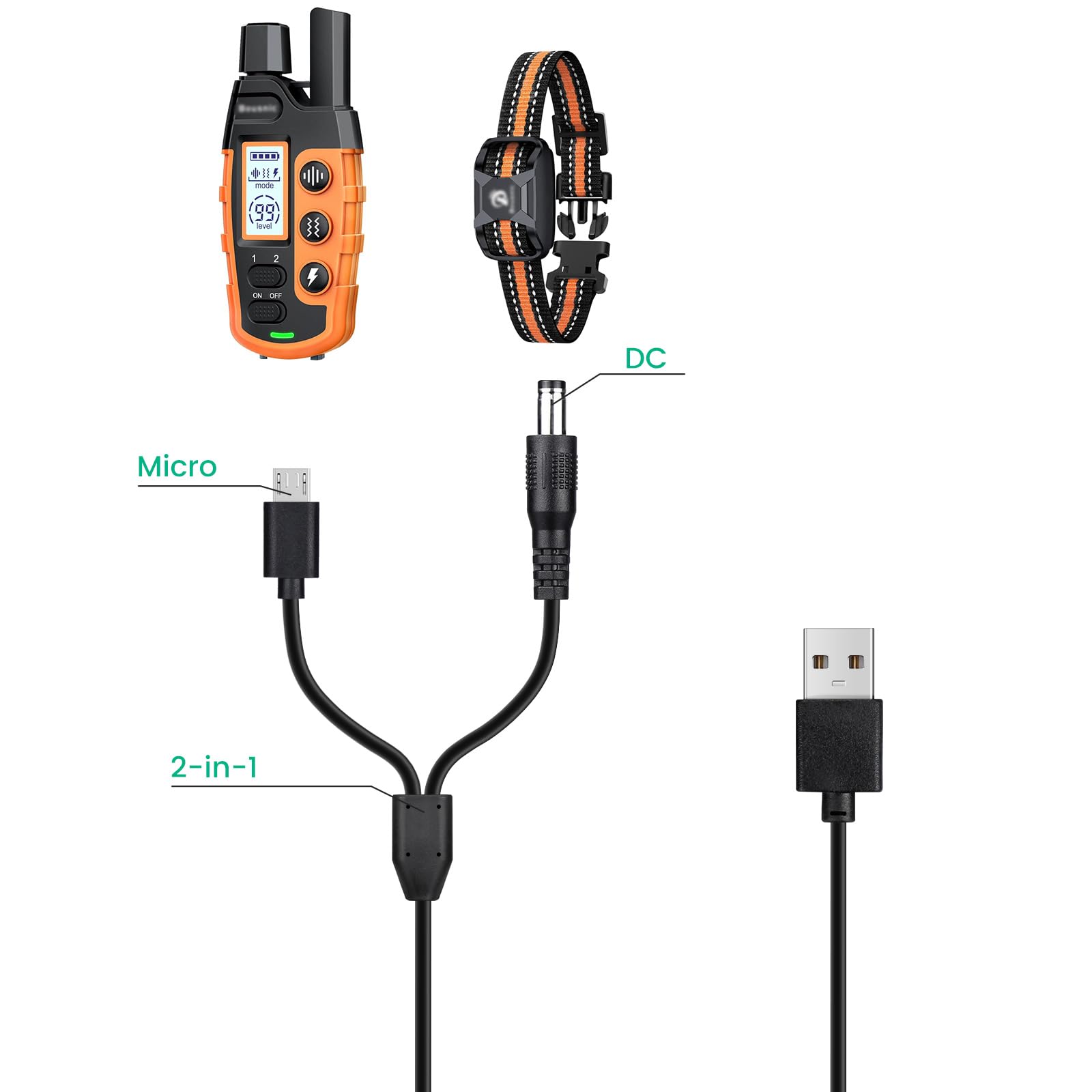 Weishan Dog Shock Collar Charger Cord - 3ft USB Charging Cable, Black, Model 2IN1-CABLE-BK-IV, for Bousnic RS2 & RS2B Training Coll