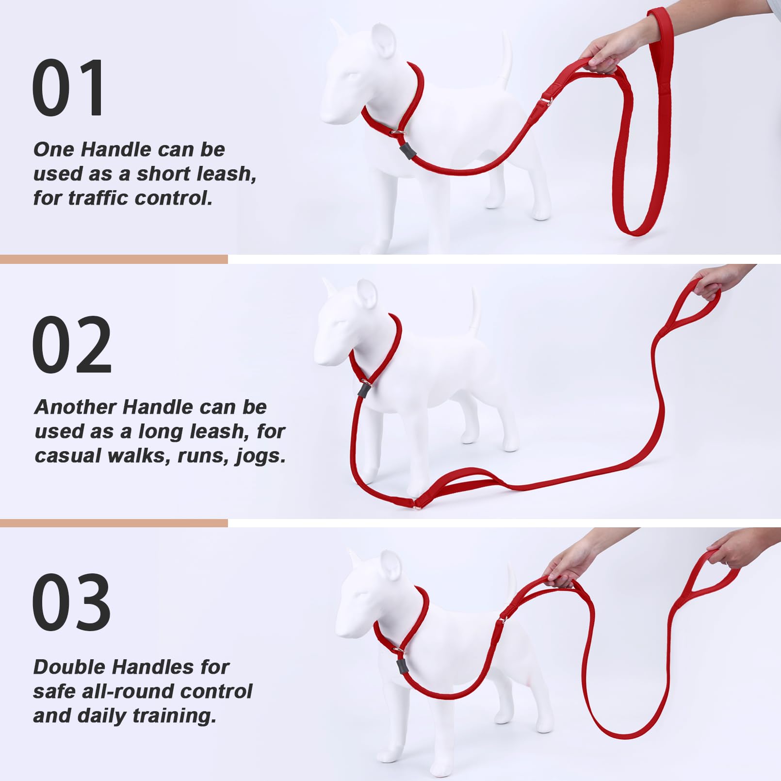 Aaufilux Slip Lead Dog Leash, Double Handle, Soft Leather, Heavy Duty Nylon, No Pull Walking, 5Ft Red