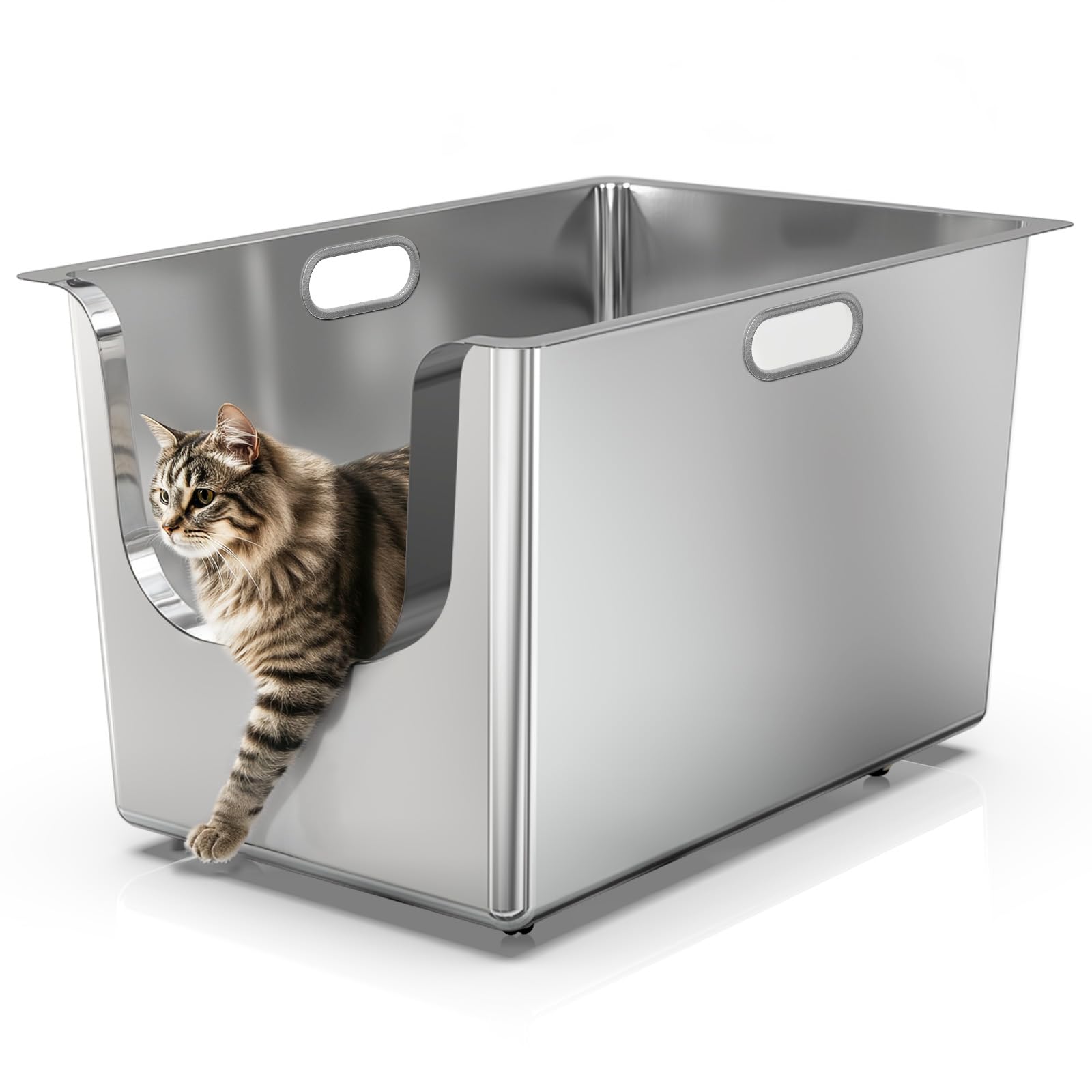 Stainless Steel Litter Box 13.8'' High Sides, Xl Metal Cat Litter Box With 4.7'' Curved Low Entry, Cat Litter Pan For Big & Mult