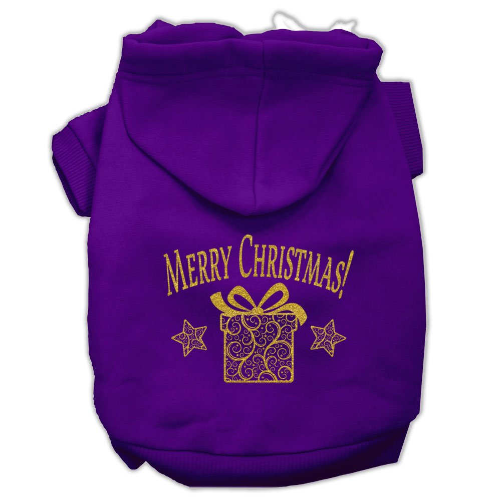 Christmas Pet Dog & Cat Hoodie Screen Printed, 'Golden Christmas Present' Purple Xs (0-3 Lbs.)