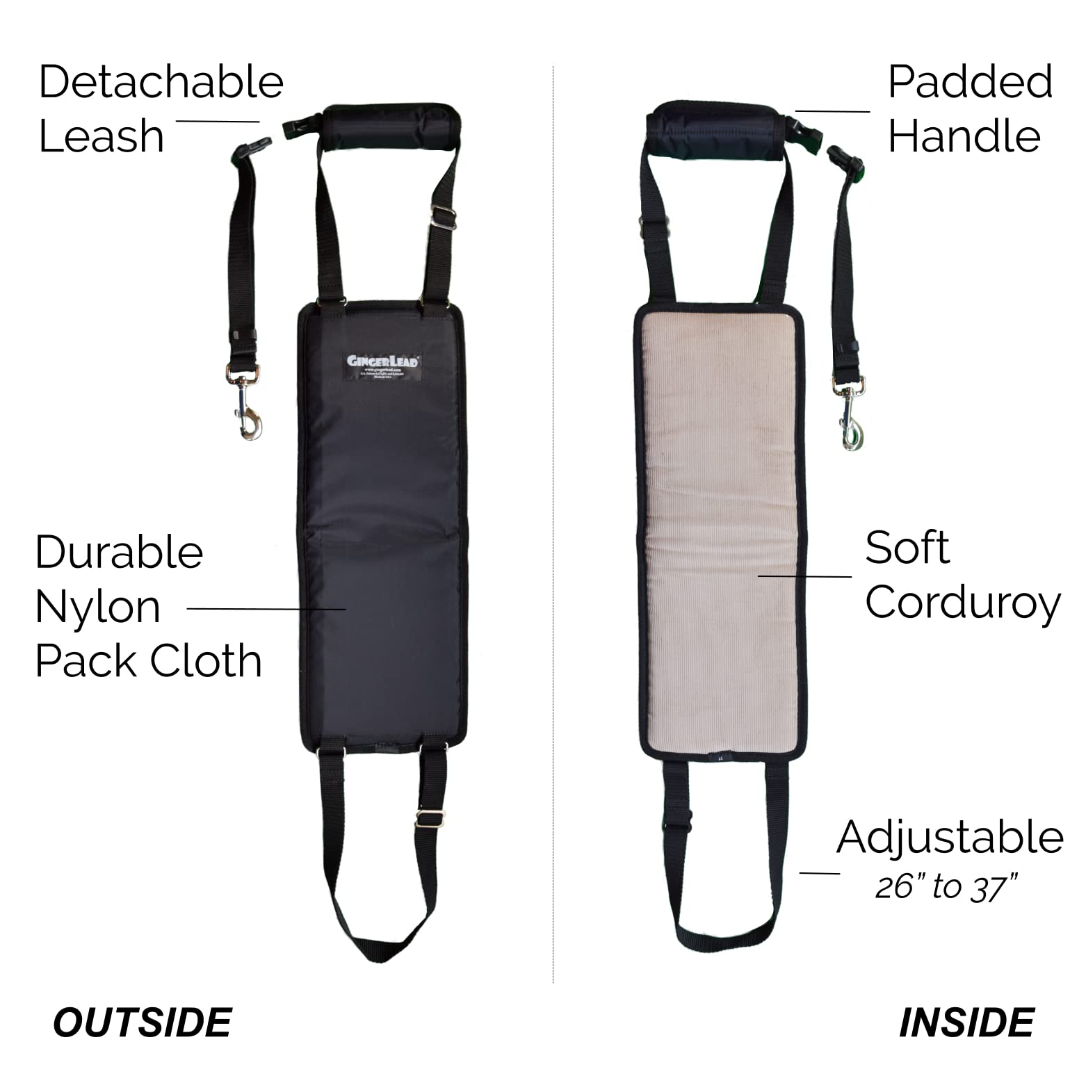 GingerLead Dog Sling Hip Support Harness for Tall Female Dogs, Nylon, Black/Tan, Model GL-TF