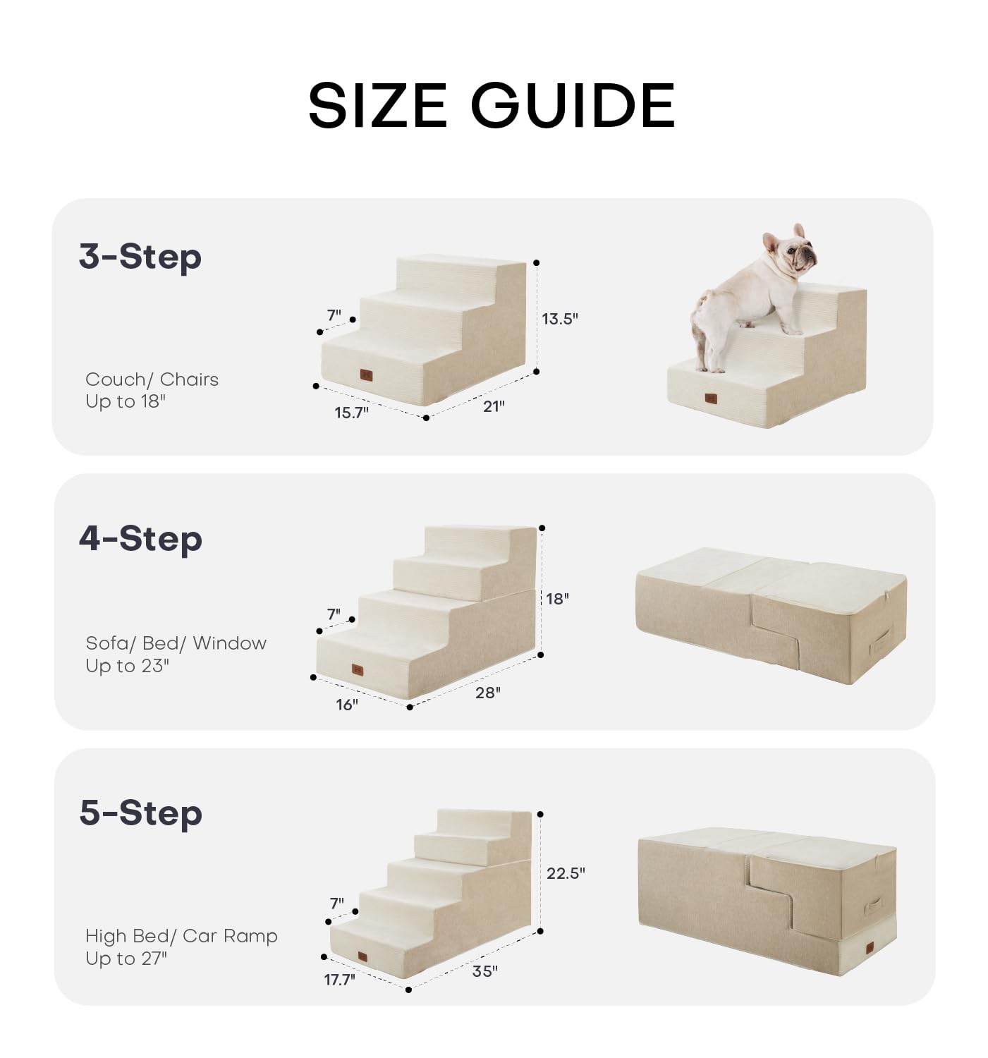 ABCPET Dog Stairs for High Bed, Dog Steps for Bed Couch Sofa, 35D Foam Pet Steps for Small Dogs and Cats, Extra Wide Pet Stairs