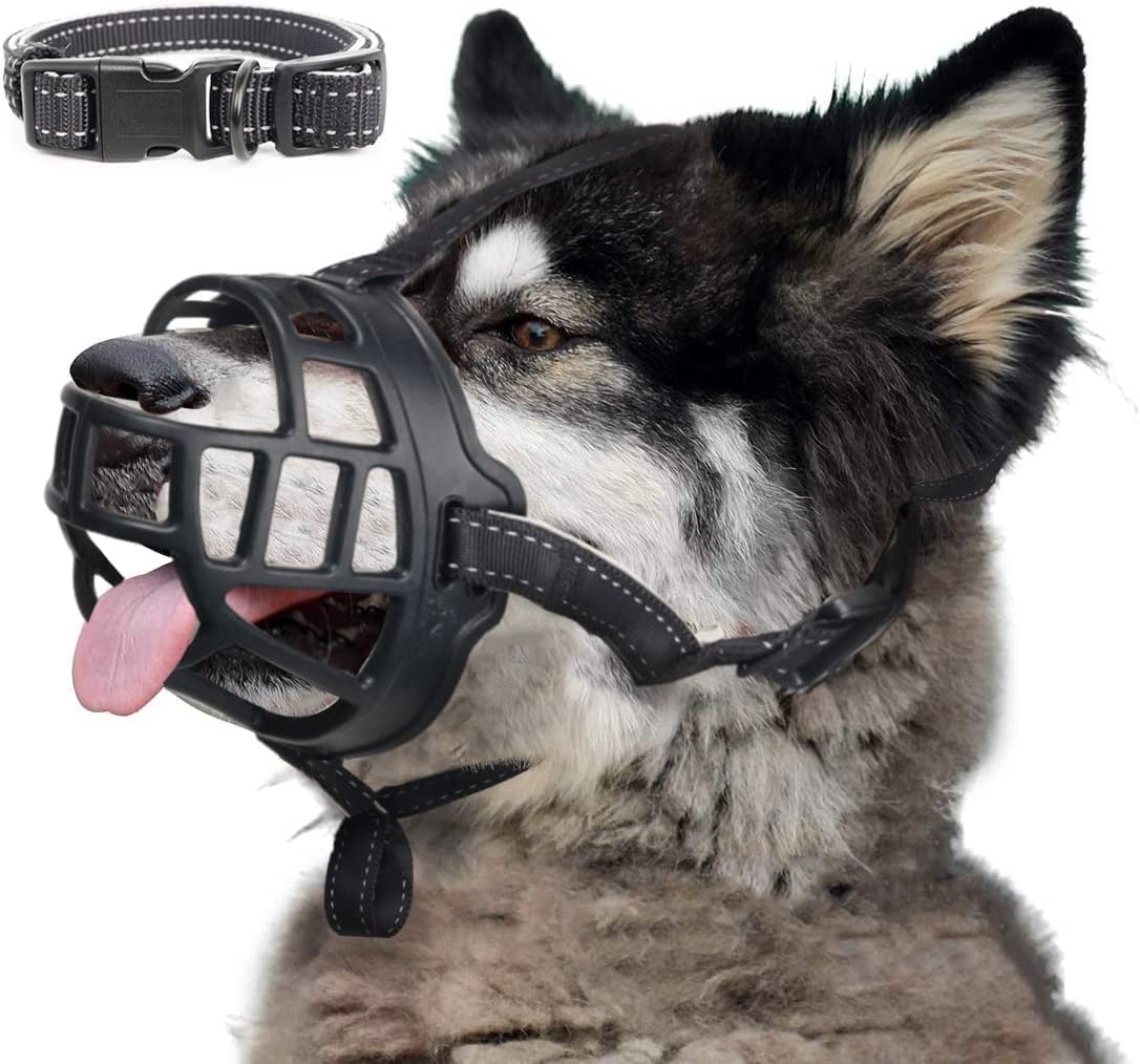Dog Muzzle, Soft Silicone Basket Muzzle For Dogs, Allows Panting And Drinking, Prevents Unwanted Barking Biting And Chewing, Included Collar And Training Guide