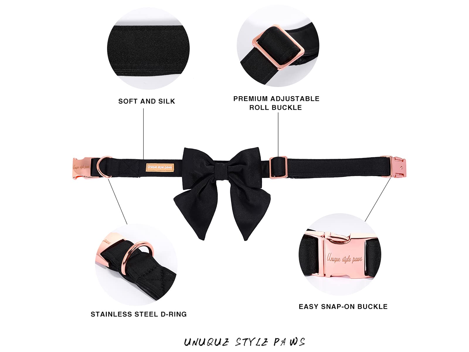 Unique Style Paws Silk Black Color Dog Collar Adjustable Durable Dog Collar With Bow Wedding Bow Tie Dog Collar For X-Small Puppy And Cats