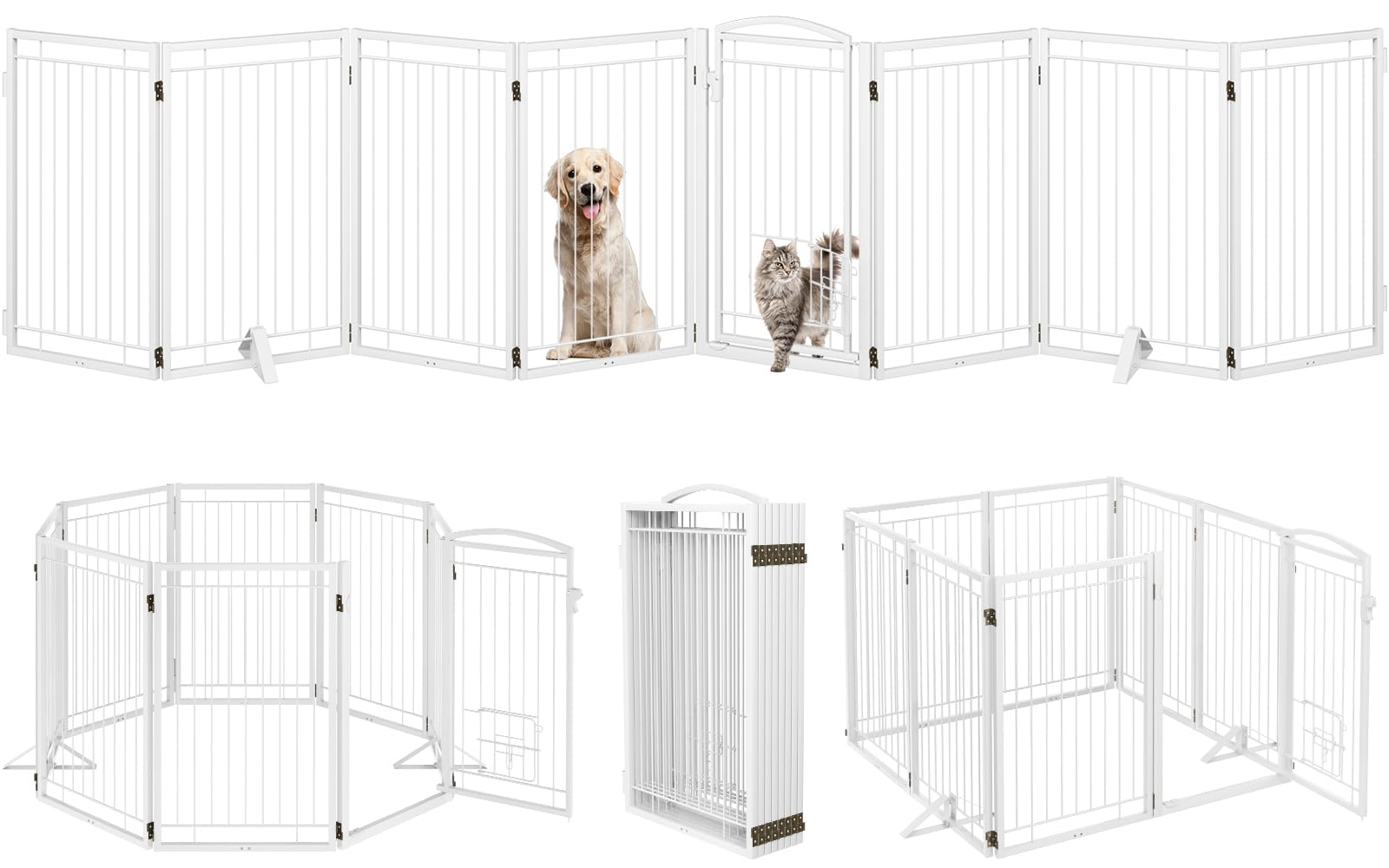 Metal Freestanding Dog Gate with Cat Door for Indoor/Outdoor,160 Extra Wide Foldable Pet Gate,32 Tall Foldable Indoor Dog Fence 