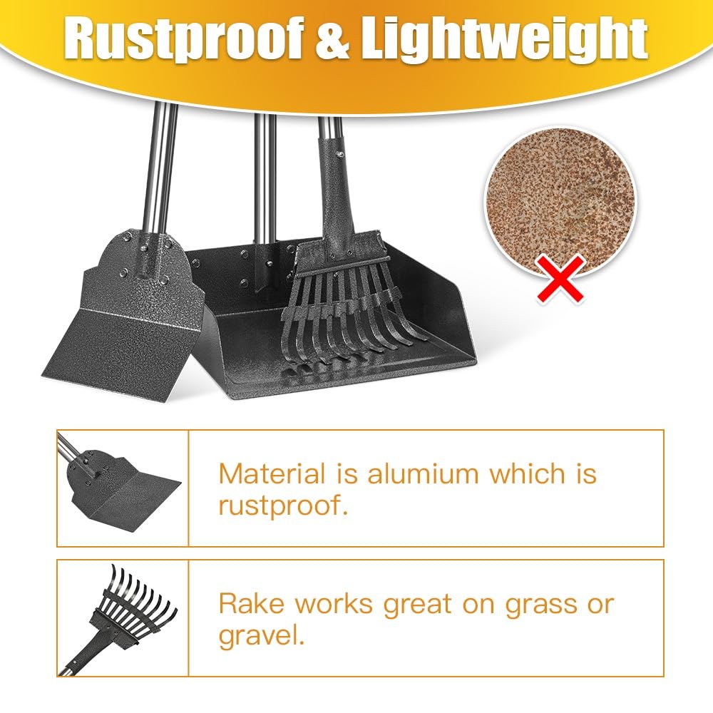 Tooge Larger Pooper Scooper, Dog Pooper Scooper For Large Medium Small Dogs Heavy Duty Long Handle Metal Tray Rake Shovel Set Fo