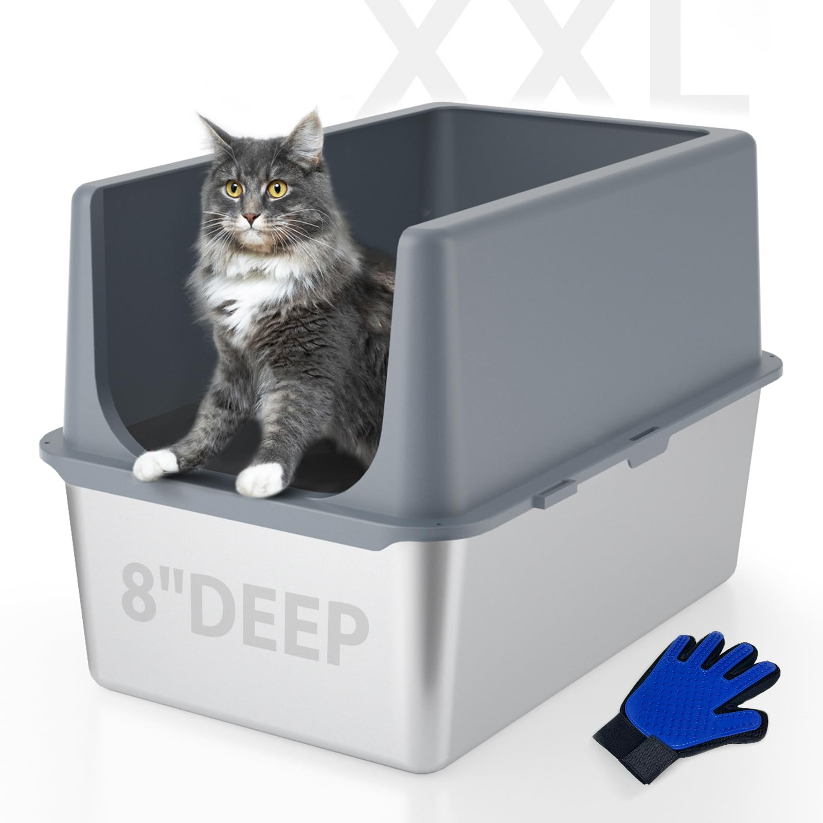 Lihong Stainless Steel Litter Box With Lid, Xl Metal Cat Litter Box For Indoor Cats, Enclosure Cat Litter Pan For Large Cats, No