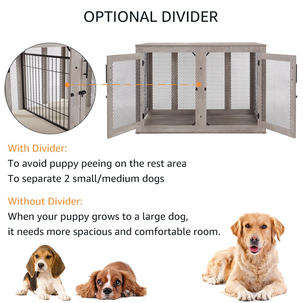 unipaws 46.7 Extra Large Dog Crate Furniture with Divider for 2 Dogs, Wooden Dog Kennel for XLarge Breed, XL Wood Dog Cage, End