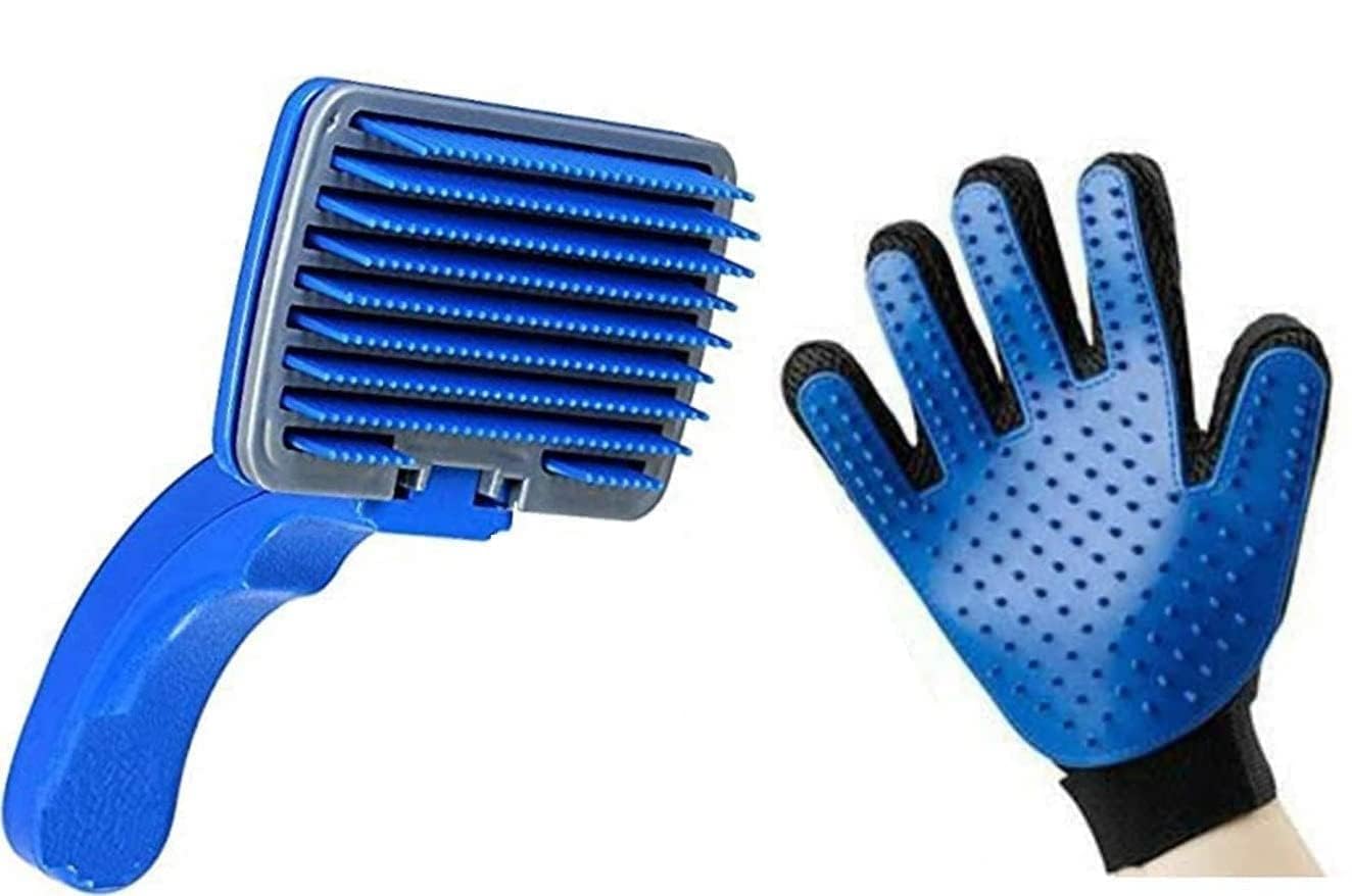 Roverpets Combo Of 2  Pet Grooming Slicker Brush And Glove For Dogs And Cats, Hair Remover And Massage Glove For All Breeds