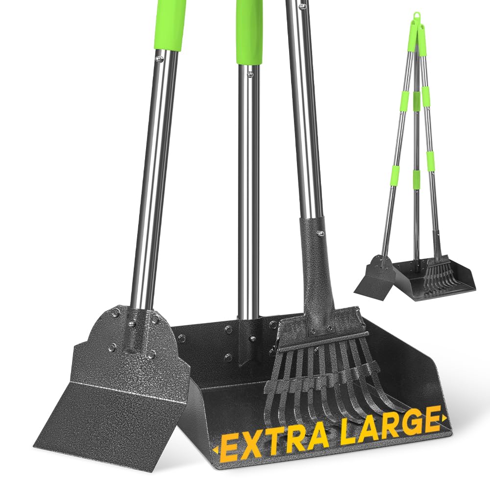 Tooge Larger Pooper Scooper, Dog Pooper Scooper For Large Medium Small Dogs Heavy Duty Long Handle Metal Tray Rake Shovel Set Fo