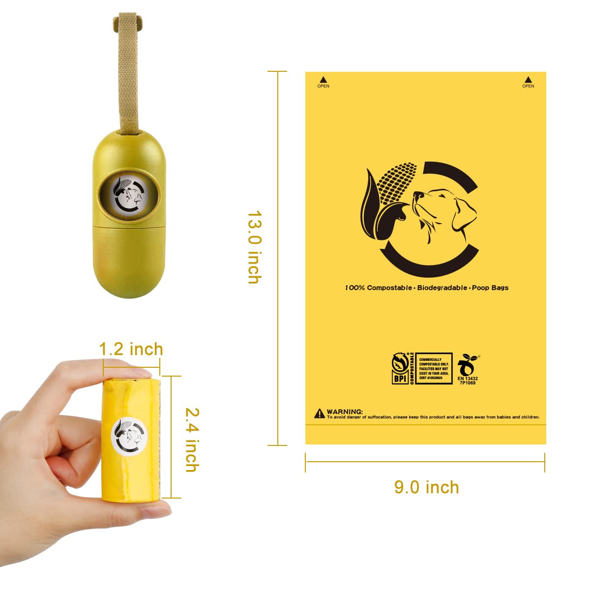 Codirom Compostable Dog Poop Bags, 270 Count Eco-Friendly Leakproof Maize Yellow Waste Bags, 15 Bags Per Roll, 100% Biodegradable