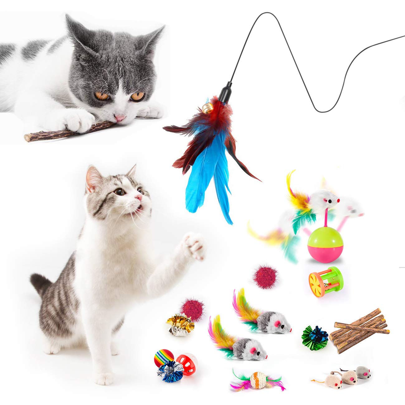 Mibote 28Pcs Cat Toys Kitten Toys Assorted, Cat Tunnel Catnip Fish Feather Teaser Wand Fish Fluffy Mouse Mice Balls And Bells Toys For Indoor Cat Puppy Kitty Interactive Cat Toy Set