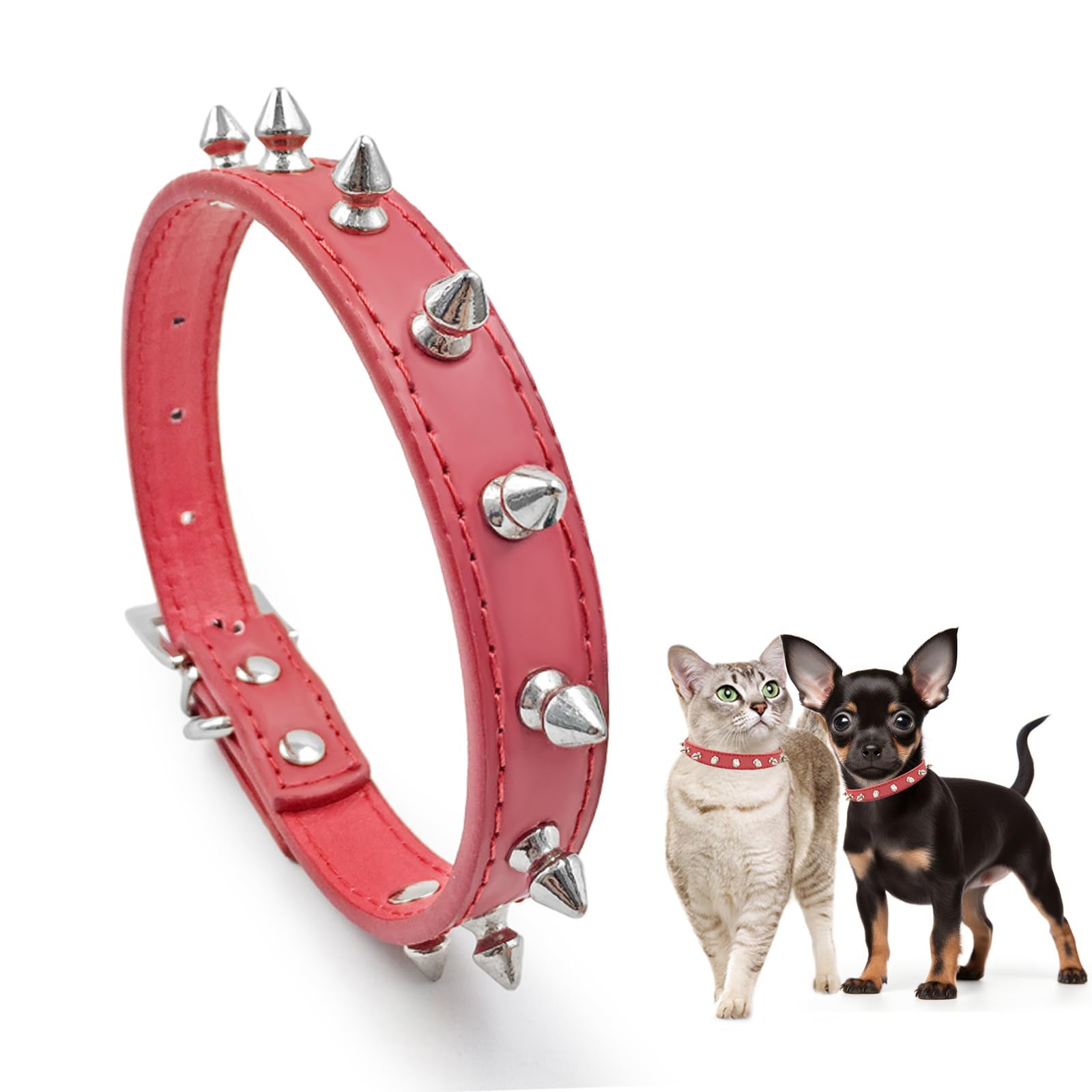Enjoying Spiked Cat Collar, Leather Spikes Dog Collars For Cats Small Dogs, Adjustable Pet Collar With Rings, Red Xs
