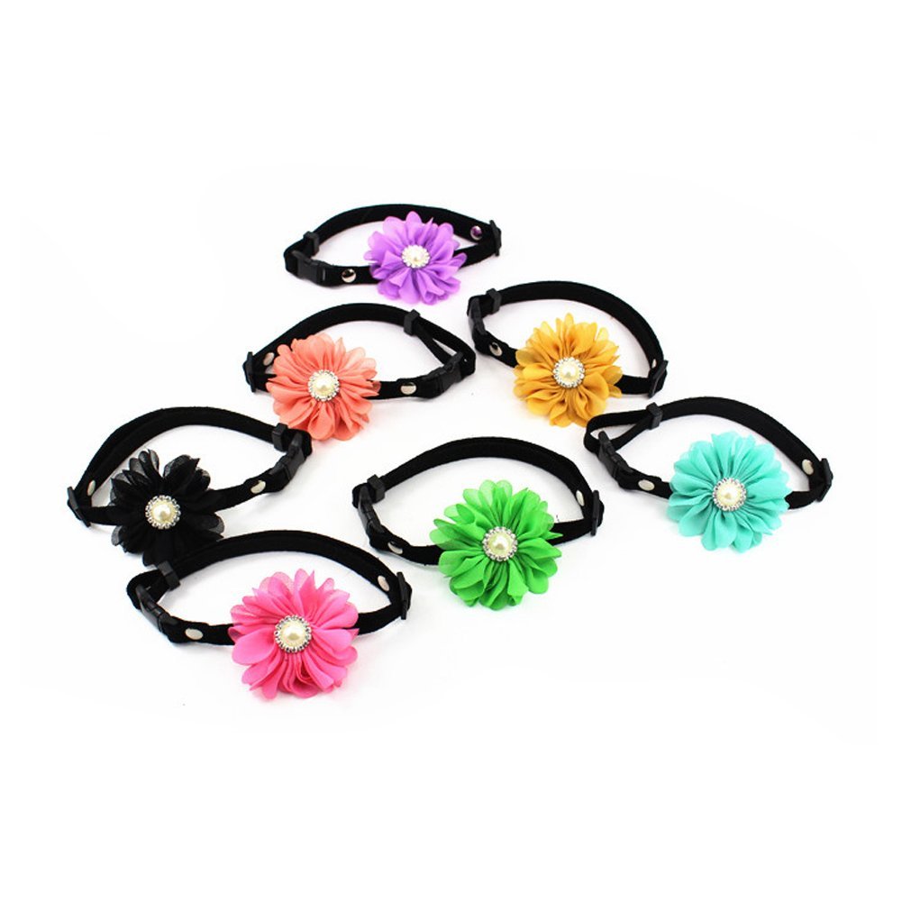 PETFAVORITES Designer Rhinestones Daisy Flower Charm Suede Leather Pet Cat Dog Bow Tie Collar Necklace with Pearl for Pets Cats