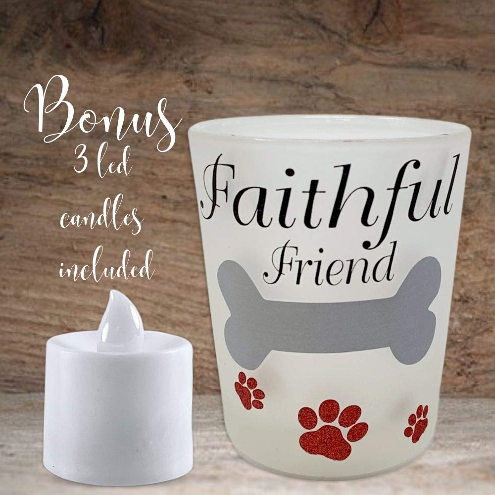 Dog Memorial LED Candle Holder Set of 3 with Pet Memorial Saying - No Longer by My Side Forever in My Heart and Each Includes an