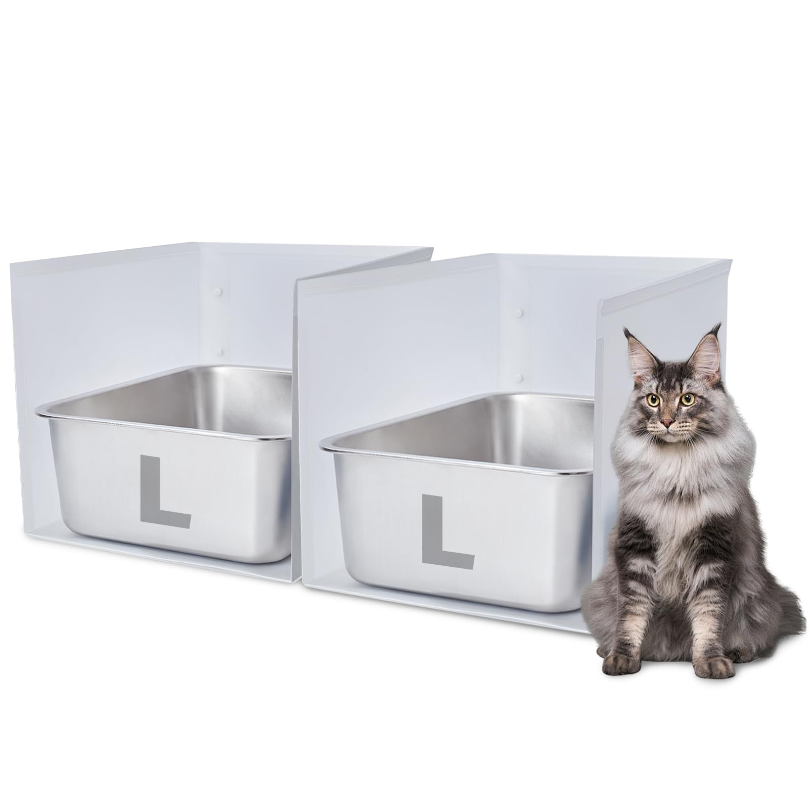 Jimeiqi Stainless Steel Litter Box 2 Pack, 17.5''X13.6''X13'' Standard Metal Cat Box With 15.7In High Sided Pee Shield, Non Stic