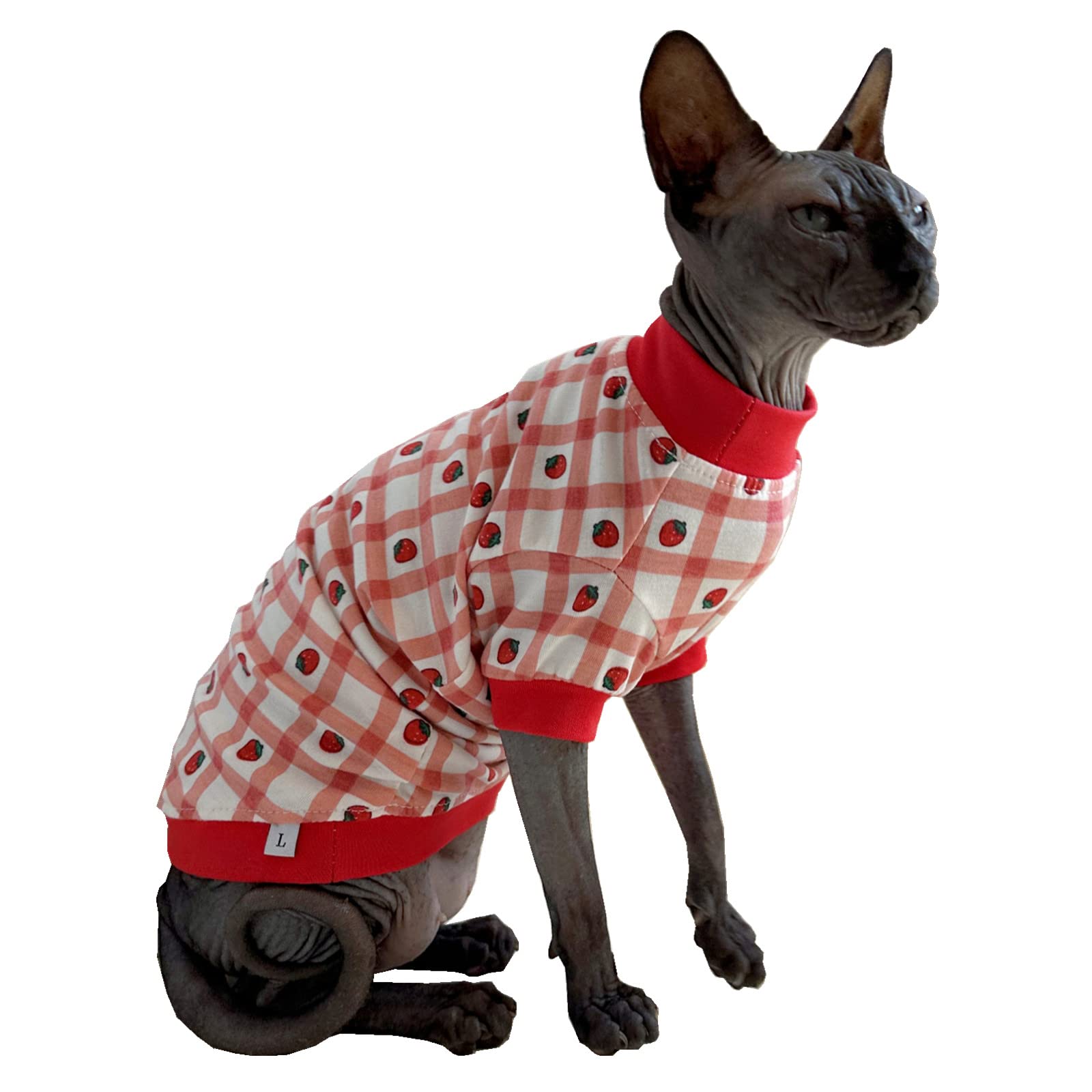 Sphynx Hairless Cat Cute Summer Cotton T-Shirts Pet Clothes,Round Collar Kitten Shirts Cats Apparel (Checkered Strawberry, X-Lar