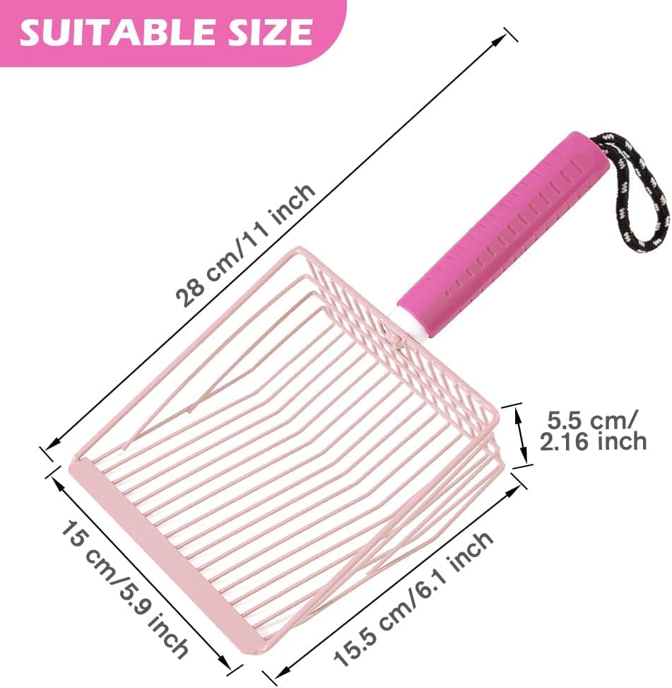 Apidgrowth Cat Litter Scoop, 2-In-1 Detachable Ergonomic Handle, Metal, Bar Grid Shape With Suspendable Cord (Pink)