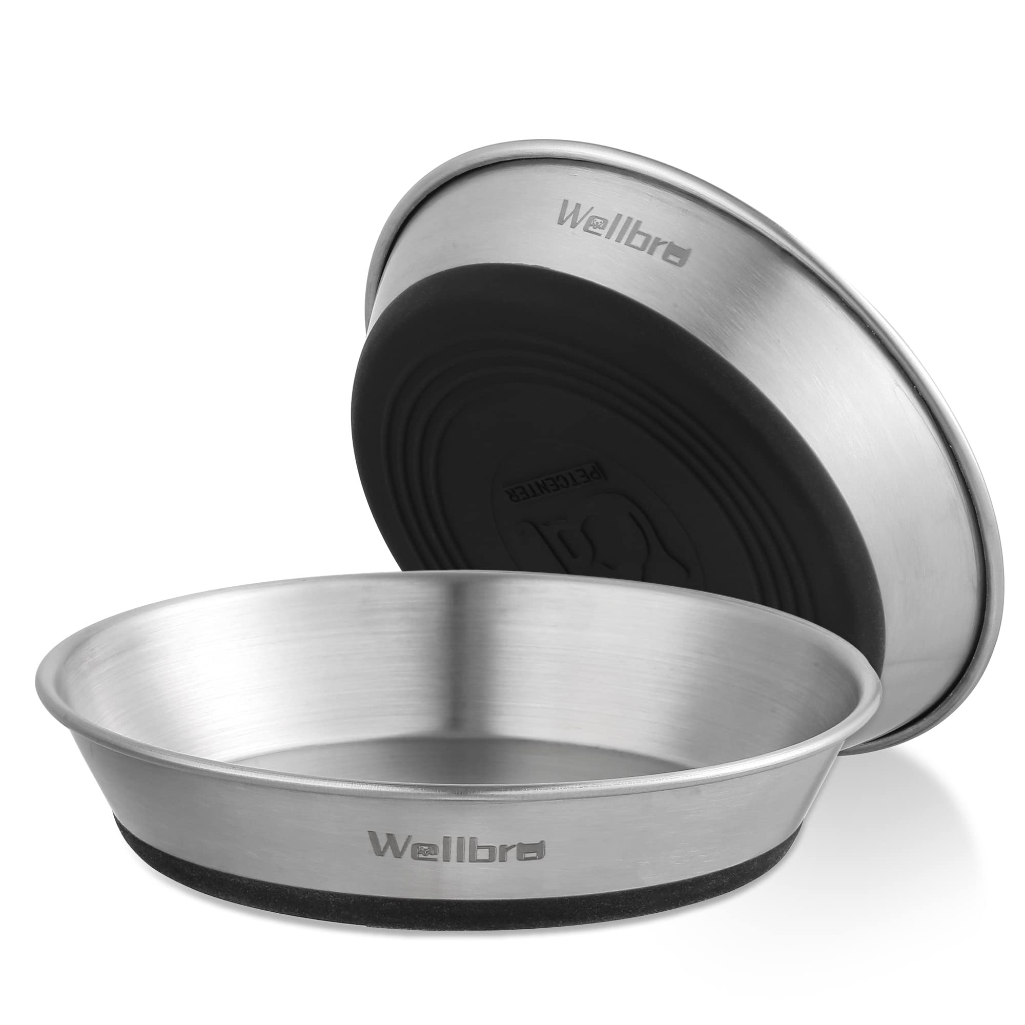 Wellbro Cat Bowls, 2 Pcs Stainless Steel Cat Bowls for Food and Water, Whisker Fatigue Shallow Non-Slip Dishes Plates for Small 