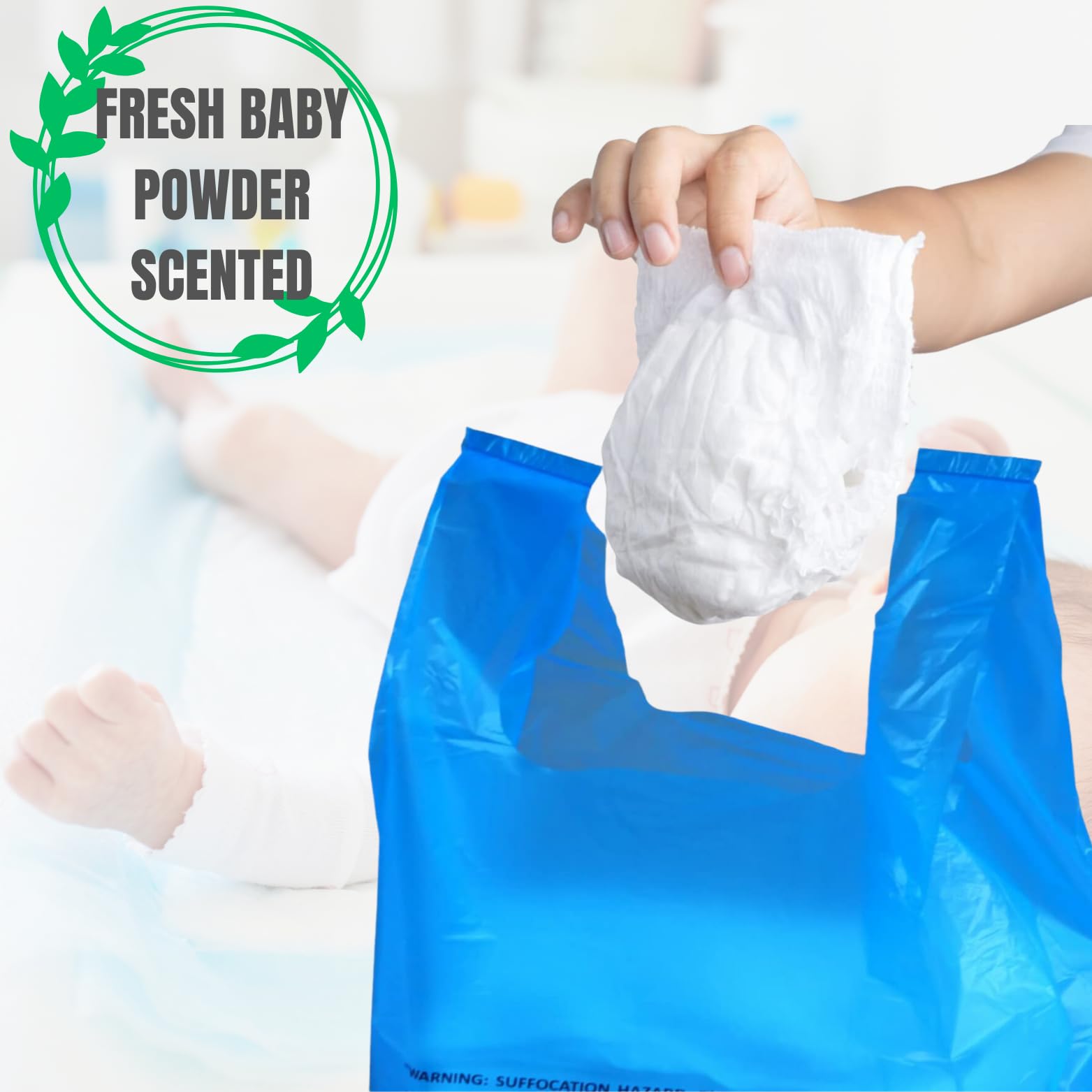 Baby Diaper Bag Disposable (500 Count, Blue) Fresh Baby Powder Scented Easy Tie Handles Bulk Diaper Sacks Disposable Dog Poop Ba