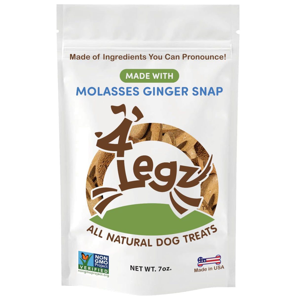 4Legz Molasses Ginger Snap Natural Dog Treats From Healthy, Crunchy, Vegan Biscuits For Dogs Small, Medium & Large - Made In Usa Products Only (7 Ounce, Pack Of 1)