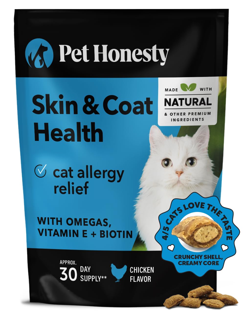 Pet Honesty Cat Skin & Coat Health Chews - Omegas, Vitamin C + E, Biotin Supplement, Soothes Skin and Promotes Shiny Coat, Cat S