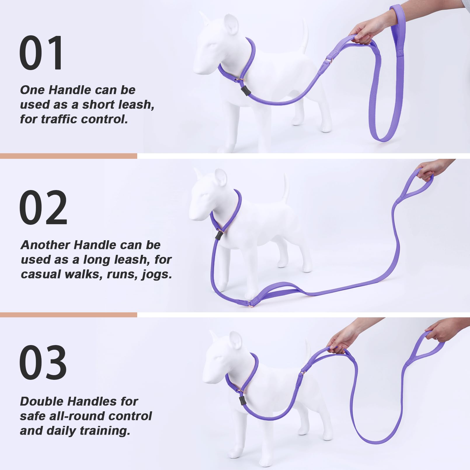 Aaufilux Slip Lead Dog Leash, Double Handle, Soft Leather, Heavy Duty Nylon, No Pull Walking, 6Ft Purple