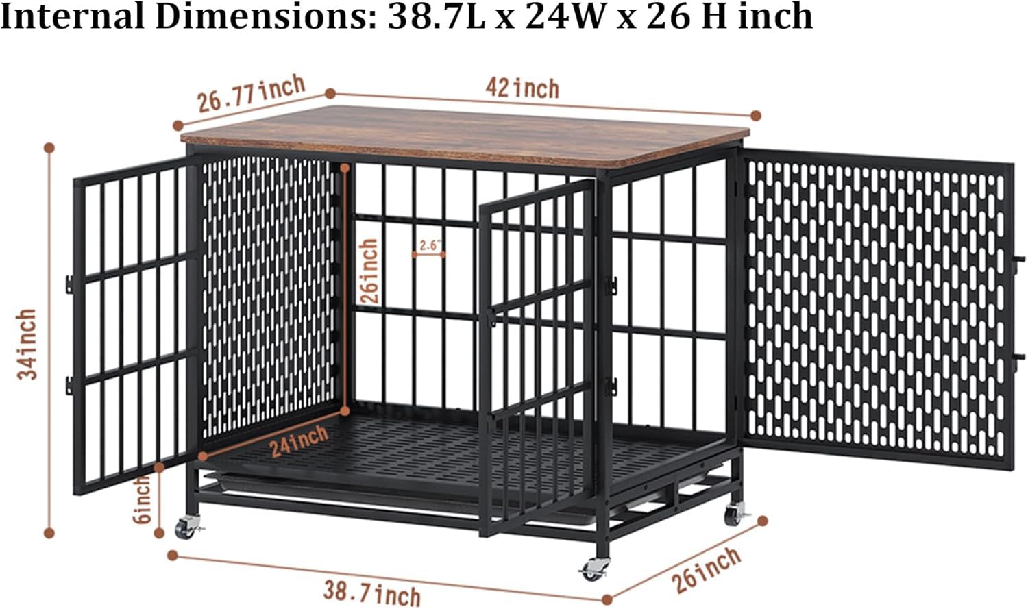 BOINN Extra Large Dog Crate Furniture, 42" Heavy Duty Metal, 3 Doors, 4 Wheels, 5 Locks for Medium & Large Dogs