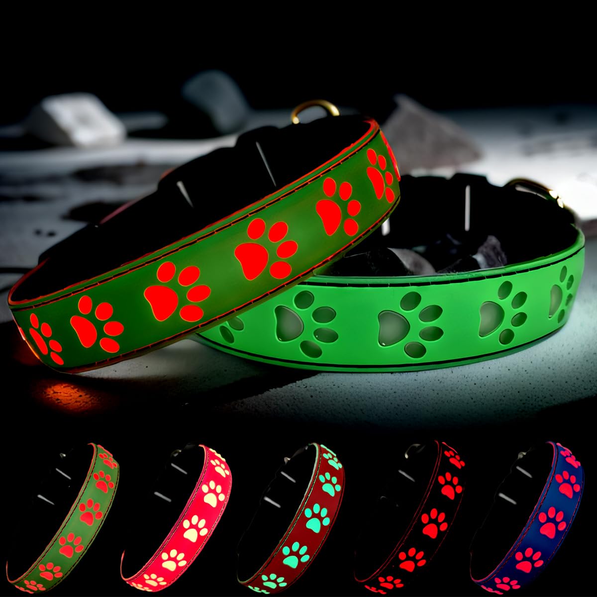 Dogled Led Light Up Dog Collar, Usb-C Rechargeable, Multicolor Paw Print Design, 15 Modes Lighting Night Safety (Green, Xl(19.7-