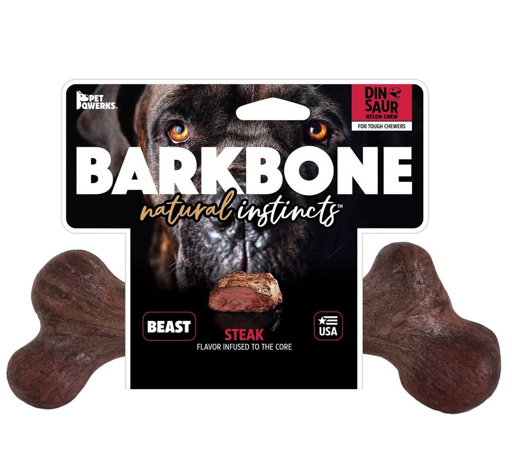 Pet Qwerks Dinosaur BarkBone - Nylon Dog Bone for Aggressive Chewers - Steak Flavor - 9.75