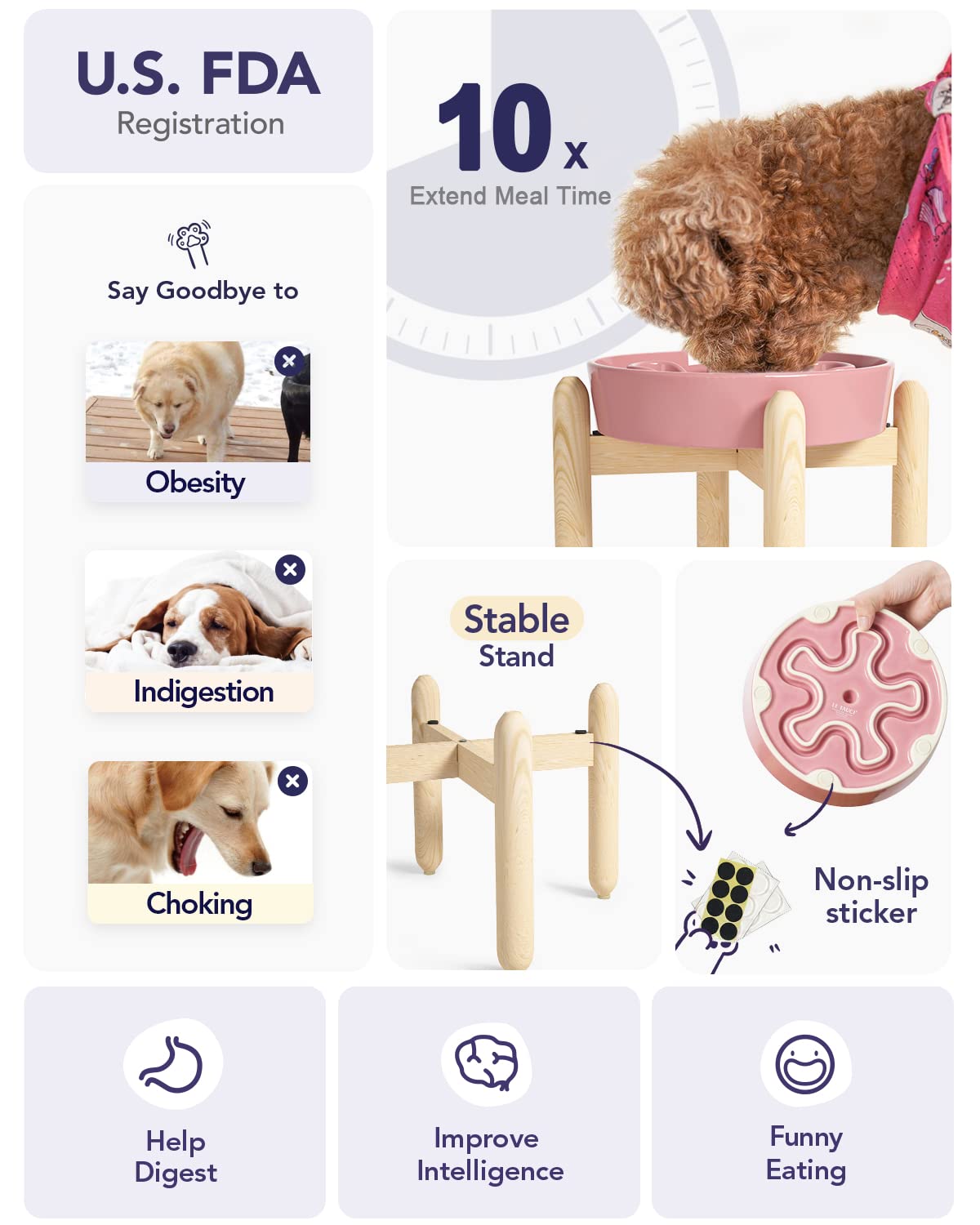 LE TAUCI Ceramic Slow Feed Dog Bowls, Elevated for Small and Medium Breed Dogs, Anti-Gulping Pet Feeding Dishes, Flower Pink, 1.