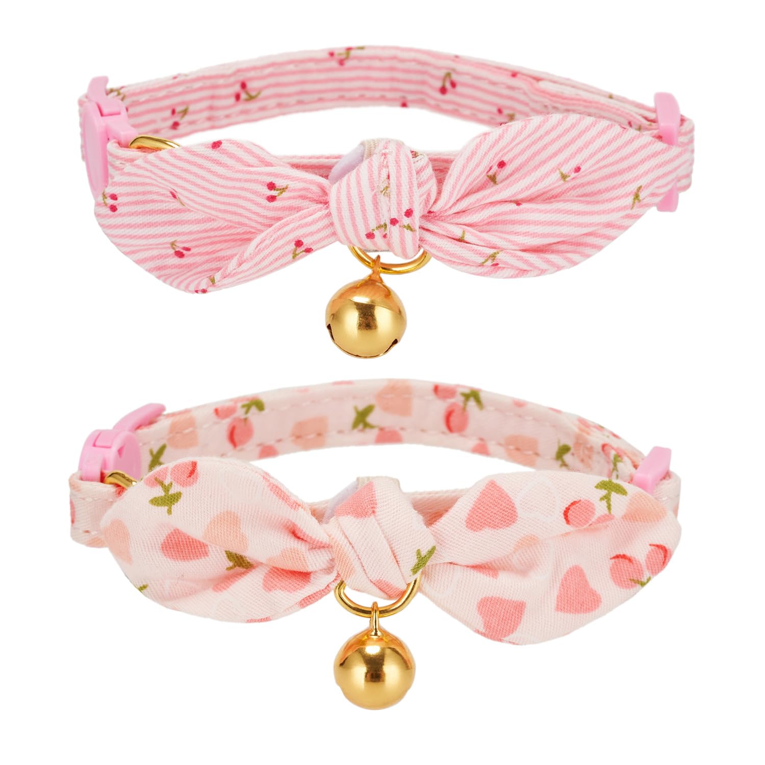 Ewinoom 2 Pack Breakaway Cotton Cat Collars With Cute Bunny Ear Bowtie And Bell, Pink Floral Female Kitten Collars