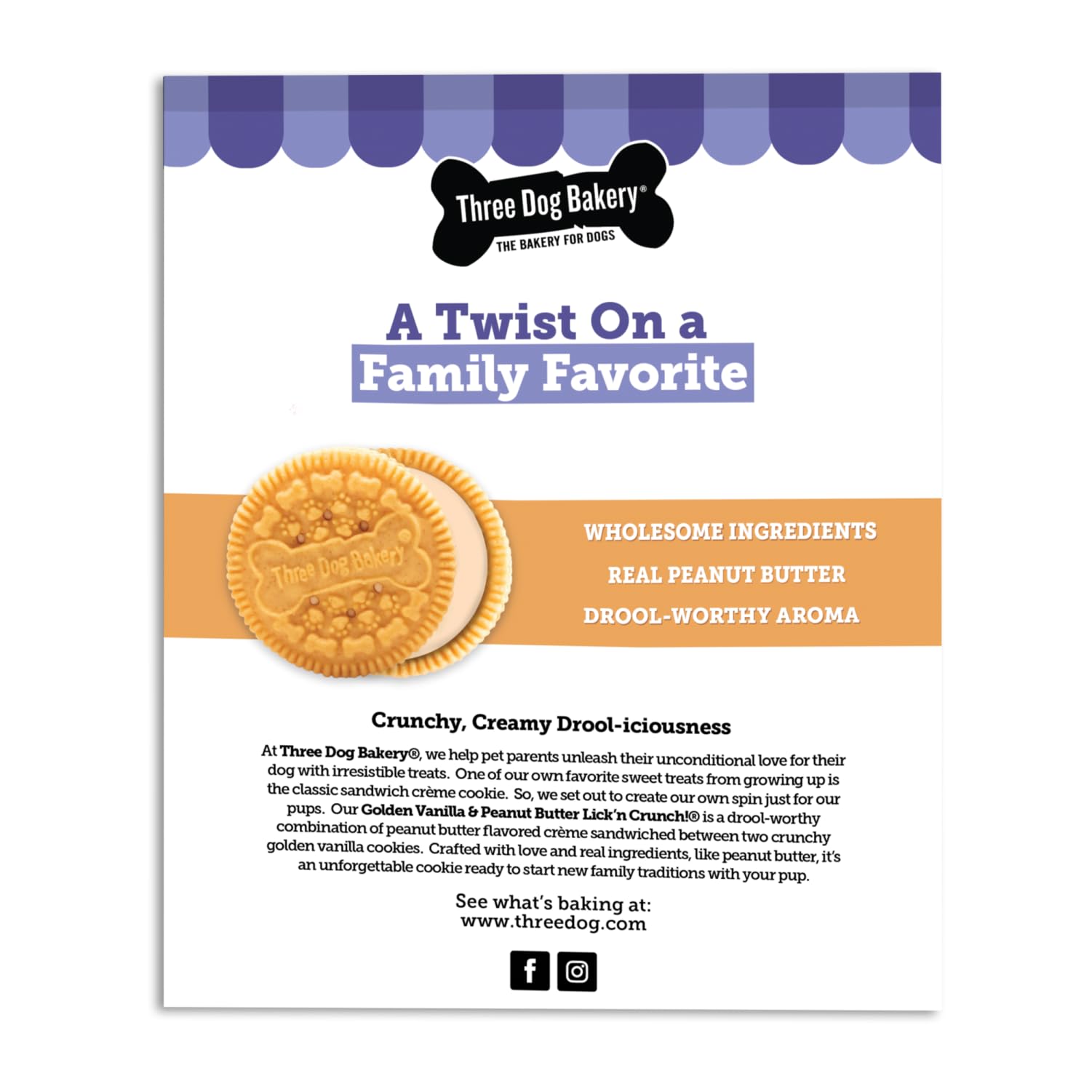 Three Dog Bakery Lickn Crunch Sandwich Cookies Premium Dog Treats with No Artificial Flavors, Golden & Peanut Butter Flavor, 13
