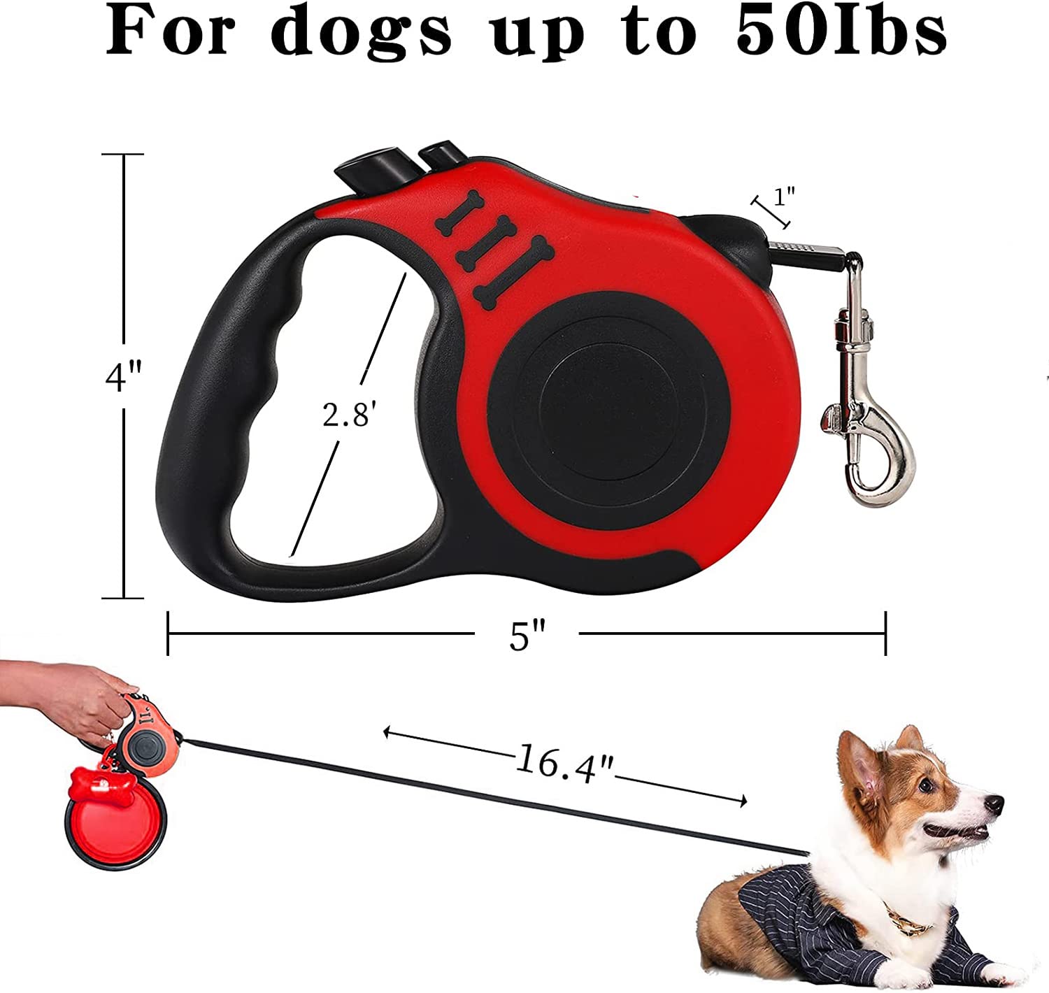 Retractable Dog Leash,Heavy Duty Dog Leash Retractable,Dog Walking Leash For Small Dog Or Cat Up To 26 Lbs,360° Tangle-Free Strong Nylon Tape,Anti-Slip Handle,With Waste Bag Dispenser(16Ft Red)