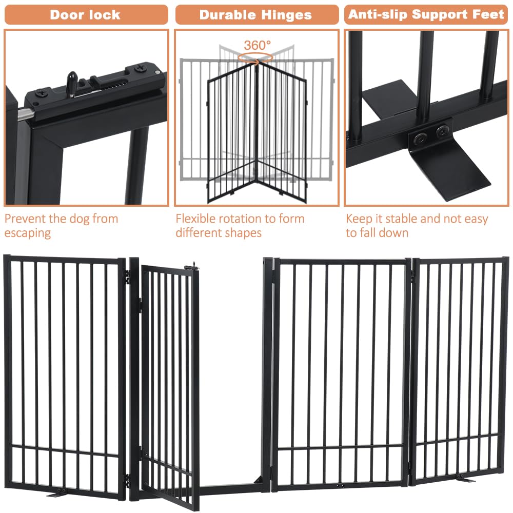 Smonter Free Standing Dog Gate With Door Walk Through, 80.5'' Extra Wide Indoor Dog Fence, 31.5'' Height 4 Panels Foldable Metal