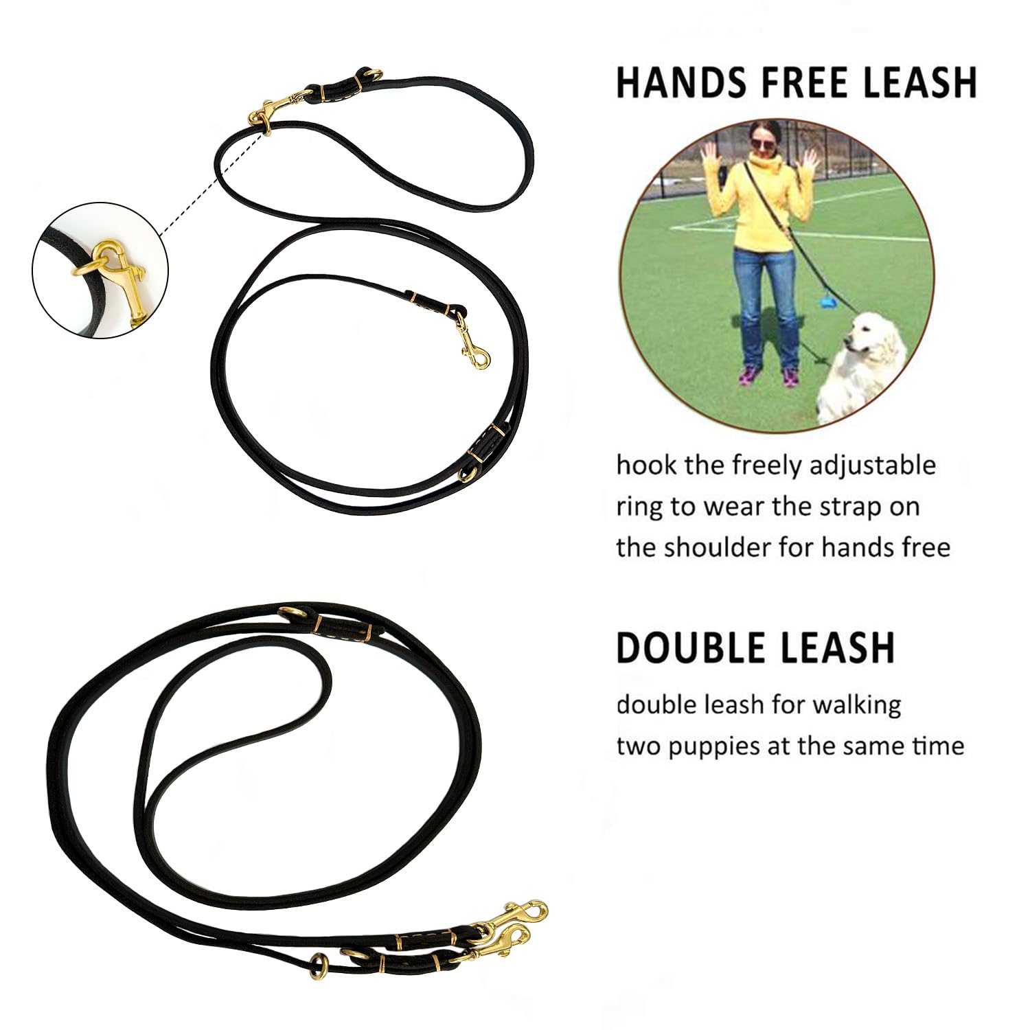 Multi Function 8ft Genuine Leather Hands Free Dog Training Leash for Puppy Small and Medium Dogs (8 Foot*3/8 inch, Black)