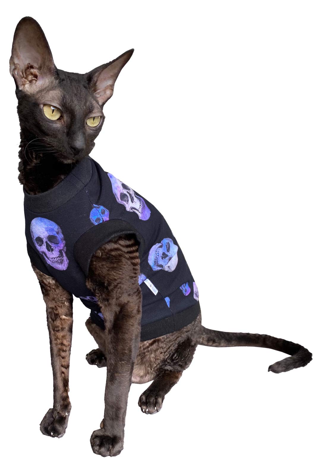 Kotomoda Hairless Cat'S Cotton Stretch T-Shirt Purple Sculls For Sphynx Cats (L)