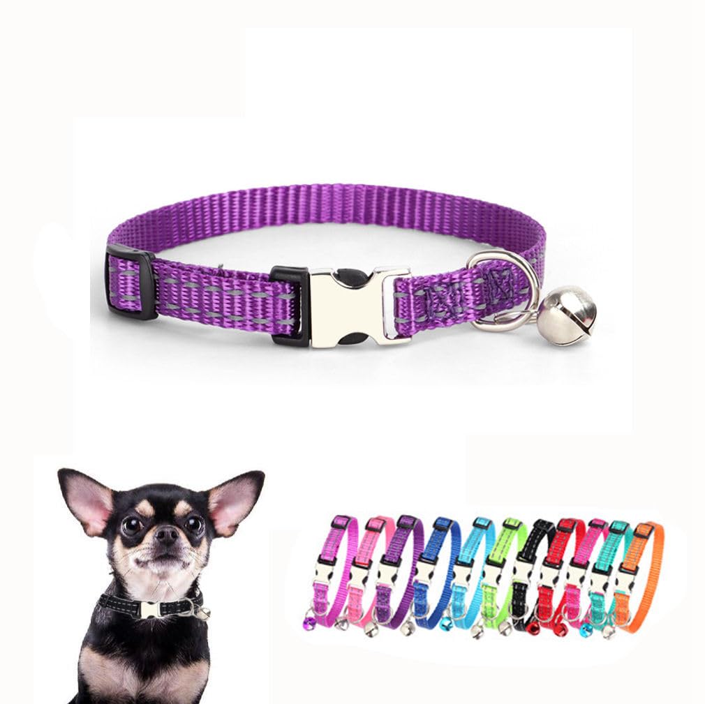Xs Dog Collar With Bell, Reflective Nylon Metal Buckle Xsmall Puppy Collars For Puppia Pet Cat Girl Kitten Small Animal, Dark Pu