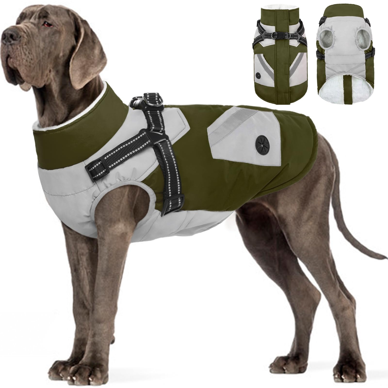 Fuamey Dog Jacket - Waterproof & Reflective Winter Coat With Built-In Harness & Zipper - Extra Large Green Xxxl With Poop Bag Po