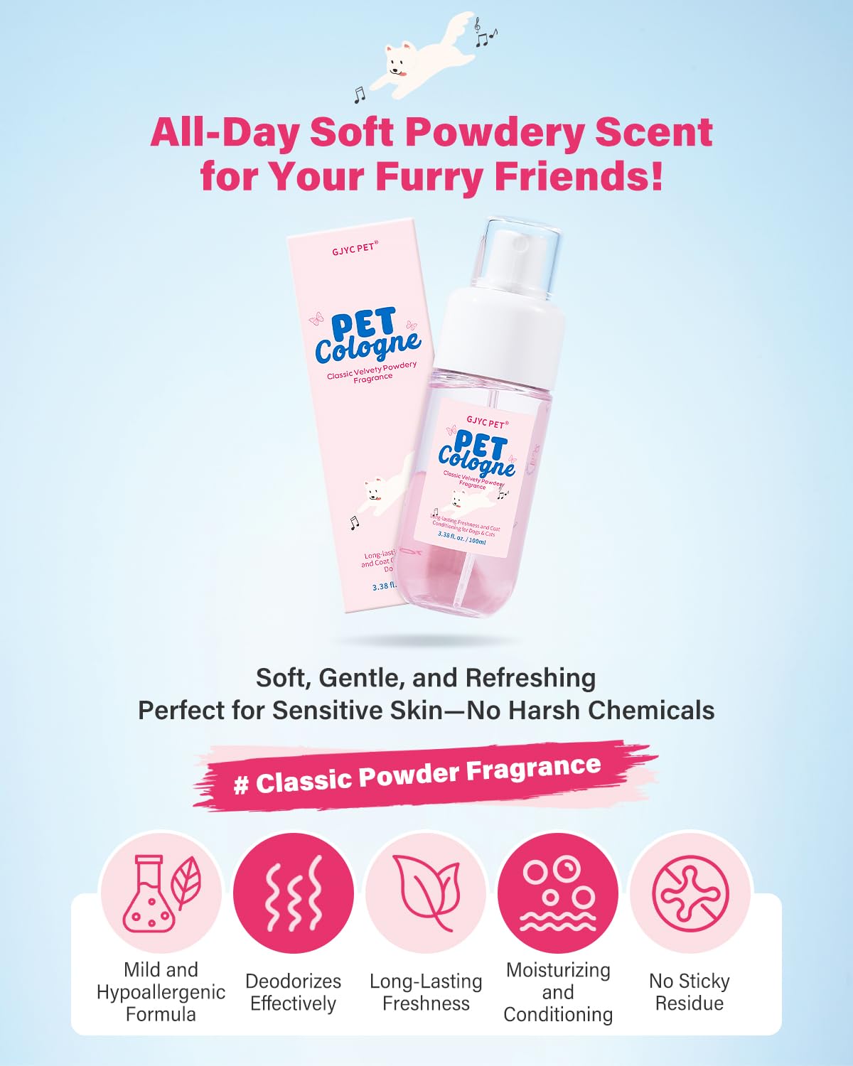 Gjyc Pet Dog & Cat Cologne | Long-Lasting Classic Powdery Scent | Fur-Conditioning, Non-Sticky Odor Control Formula | Travel-Fri
