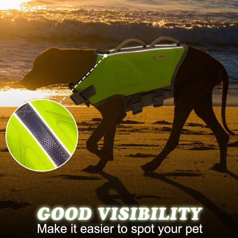 Sheripet Dog Life Jacket, Neoprene Flotation Vest for Large Dogs, X-Large, Green, Reflective Stripes, Double Rescue Handle
