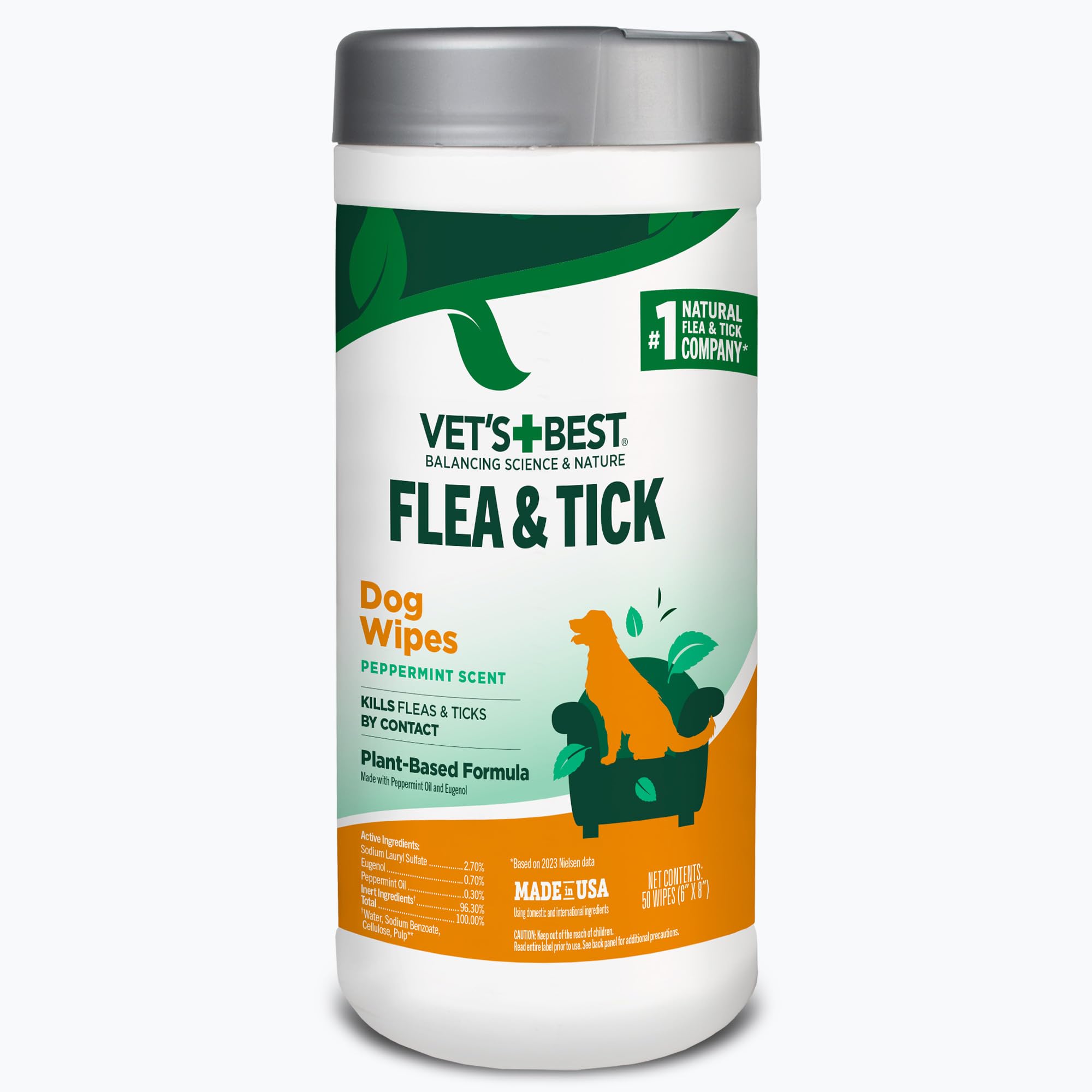 Vets Best Flea and Tick Wipes for Dogs and Cats - Flea Treatment for Cats and Dogs - Plant-Based Formula - Certified Natural Oi