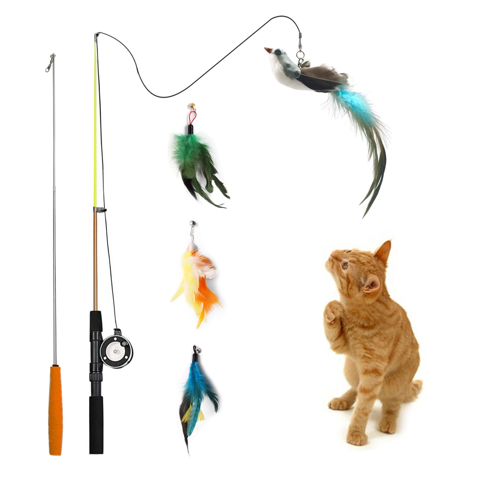 Trumoon Retractable Cat Teaser Wand Toy, Cat Toys For Indoor Outdoor Cats Interactive Fishing Rod With 4 Pcs Refills Feather Toy