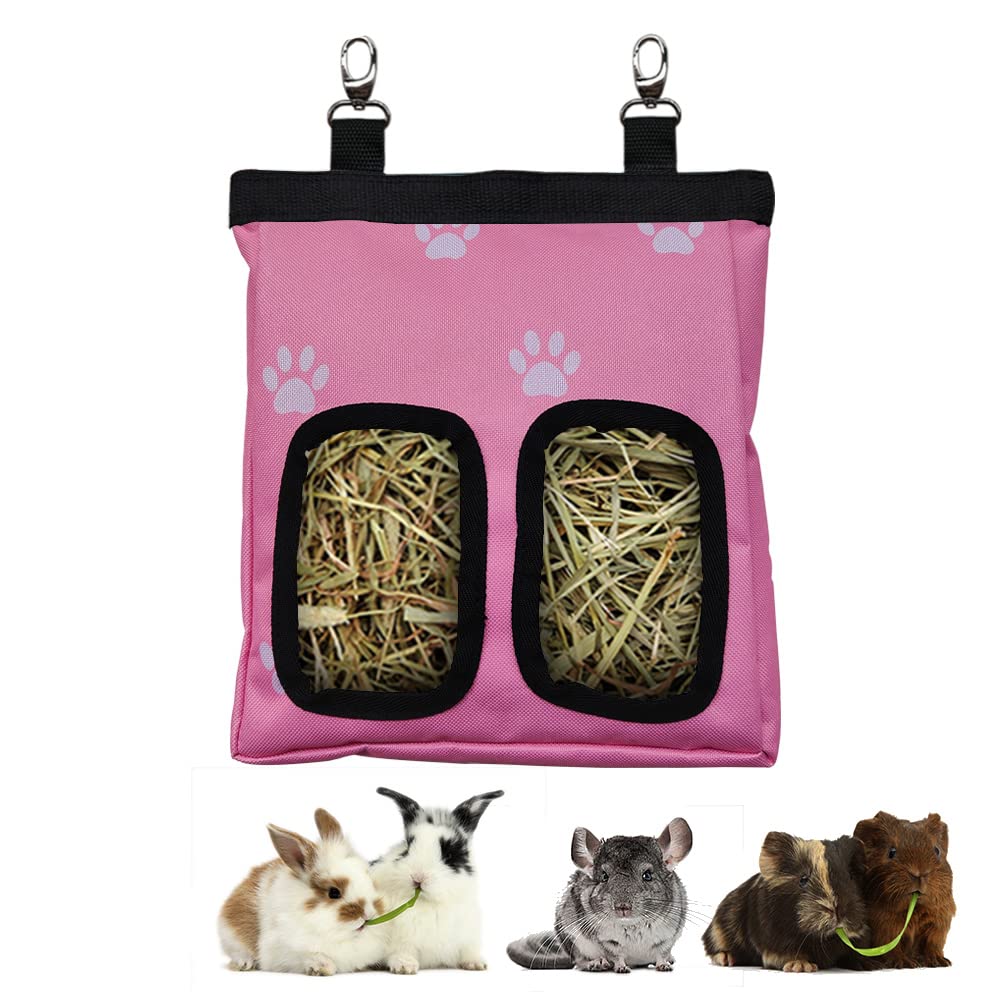 RIOUSSI Guinea Pig Hay Feeder, Hanging Rabbit Hay Feeder Bag for Guinea Pigs Bunnies Chinchillas. Pink Paws