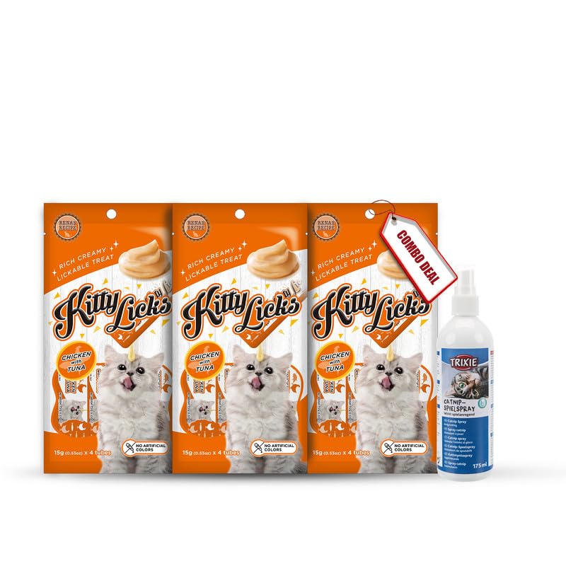 Combo Of 1 Pack Of Trixie Catnip Play Spray Toy For Cats Playful Behavior, 175 Ml And 3 Pack Of Rena Kitty Licks Chicken & Tuna