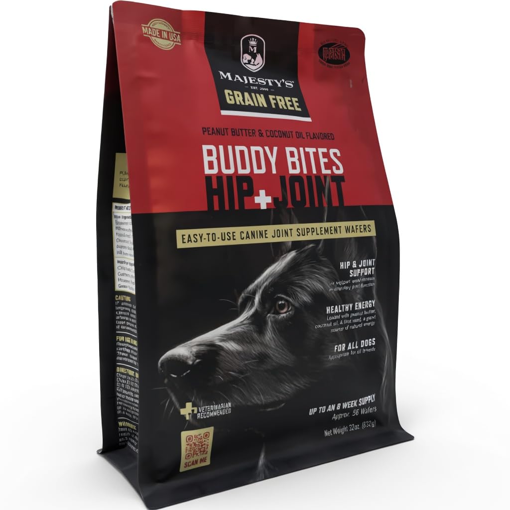 Majestys Grain-Free Buddy Bites Hip and Joint Wafers for All Dogs - Superior Support Supplement - Carob and Sweet Potato Flavor