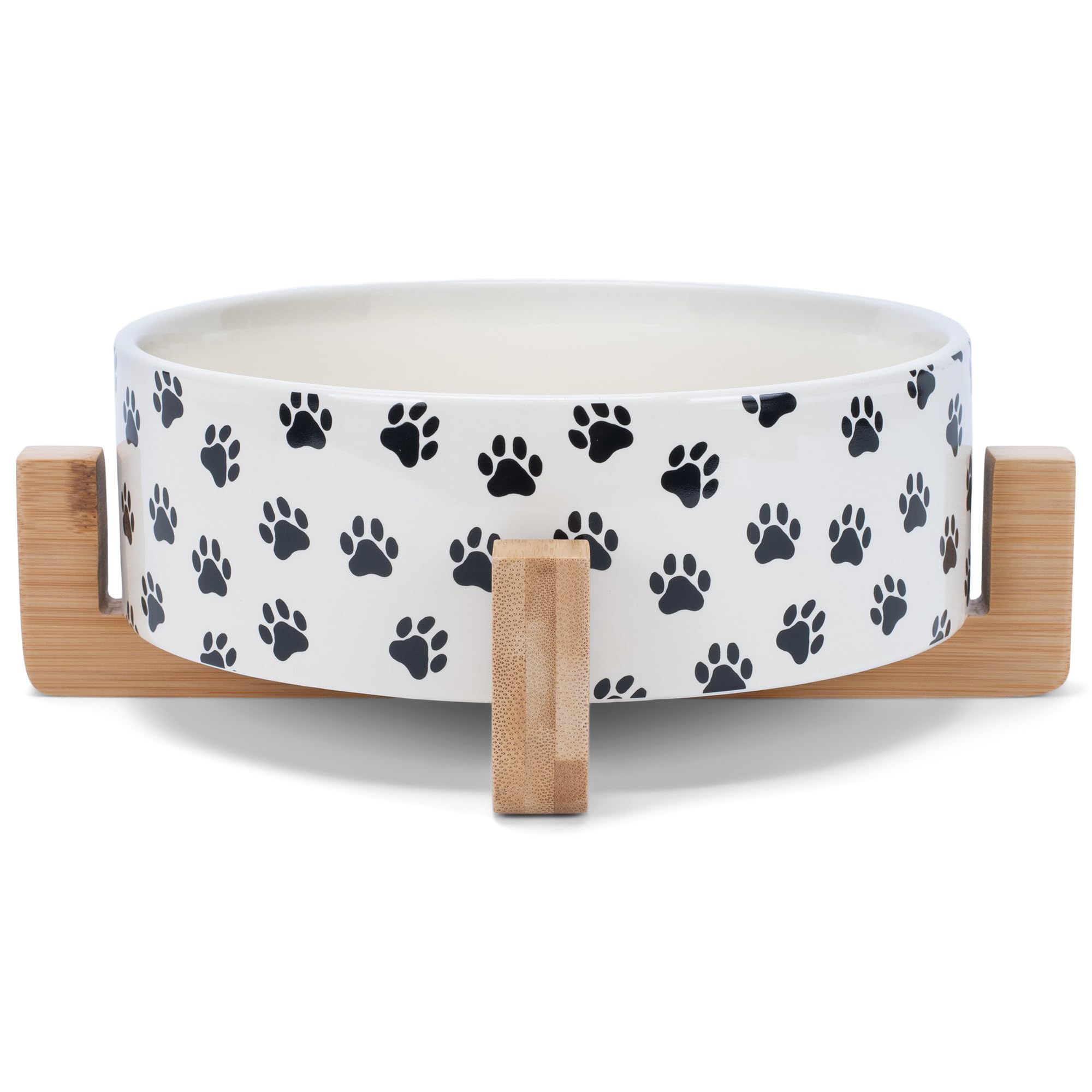 Nat & Jules Large Pawprint Black And White 8 Inch Stoneware Ceramic And Wood Pet Bowl With Stand